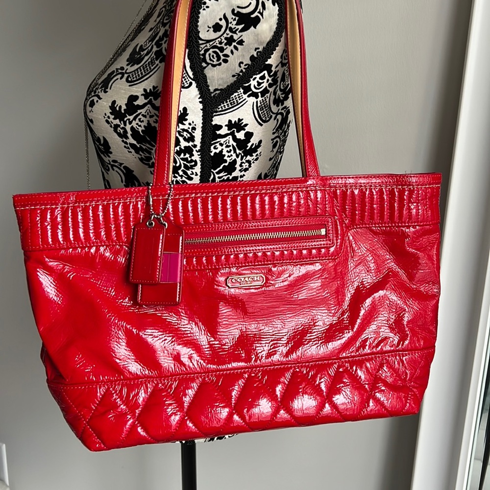 COACH cherry red patent leather shoulder/tote bag